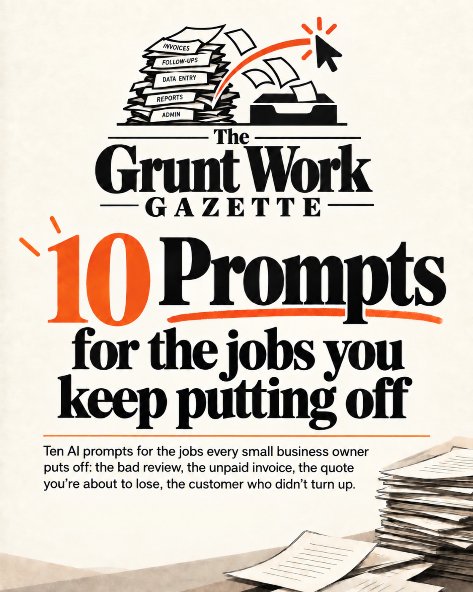 Cover of 10 Prompts for the jobs you keep putting off, the free kit from The Grunt Work Gazette